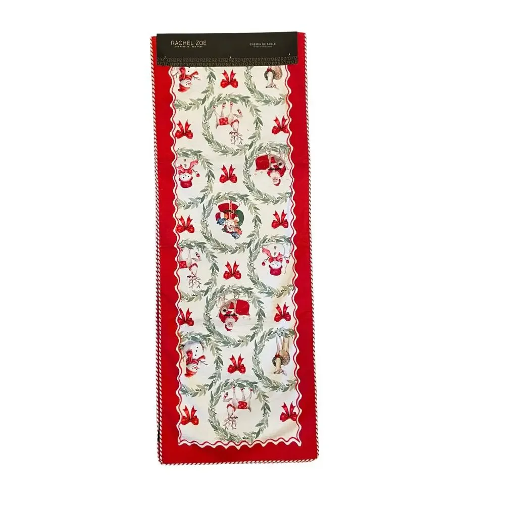 RACHEL ZOE Christmas Table Runner 16x90 Santa Bow Wreath Holiday Red White New